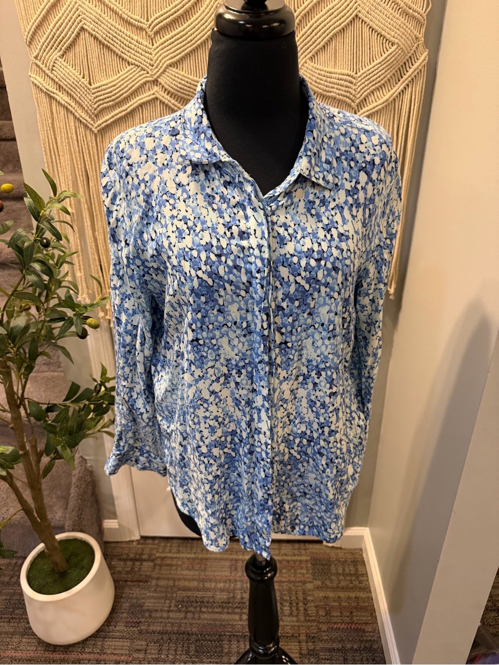 Blue Abstract Print Button-Up Blouse